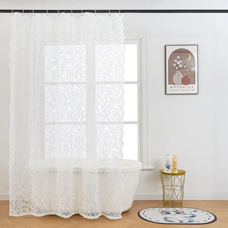 Vintage Lace Curtain Pattern Shower Curtain with Metal Eyelets, Elegant Decorative Transparent Bathroom Drapes, Bathroom Curtains, Semi-Transparent Privacy Screen, Bathroom Decoration Accessories