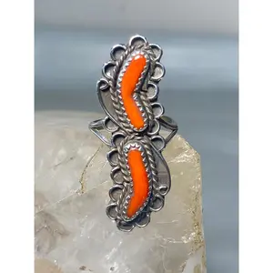Coral ring size 7.50 Navajo southwest long sterling silver women