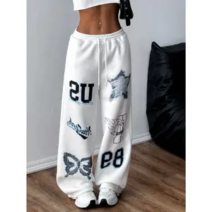 Women's Graphic Print Streetwear Sweatpants, Straight-Leg Loose Long Pants with Pockets