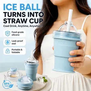 Portable Foldable Ice Cup Food-Grade Silicone Collapsible Cold Drink Cup with Reusable Straw Leakproof Lightweight Travel Mug for Outdoor Beach Camping Picnic - Bottle, Drinkware