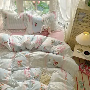 3-Piece Korean Style Blue Bow Print Decorative Bedding Set, Includes 1 Fitted Sheet & 2 Pillowcases, Breathable Fabric, All-Season Use, Easy Care