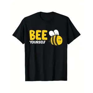[100% Cotton] 100% Cotton Bee Yourself Bee Lover Graphic T-Shirt 100% 180Gsm Pre-Shrunk, Black with Yellow Print And Cute Bee Design, Regular Fit Casual Short Sleeve Tee for Men, Sizes S-3XL Comfortable Tee Graphic Print Shirt Allseason Tee for Everyday O