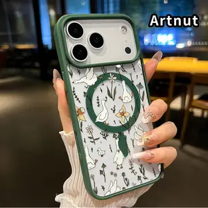Magnetic Phone Case for iPhone 17 Pro Max 16 Plus 15 14 13 12 11 Air E Goose and Flower Dance Pattern Non-Yellowing Shockproof Soft Silicone Transparent Acrylic Cover Supports Wireless Charging.