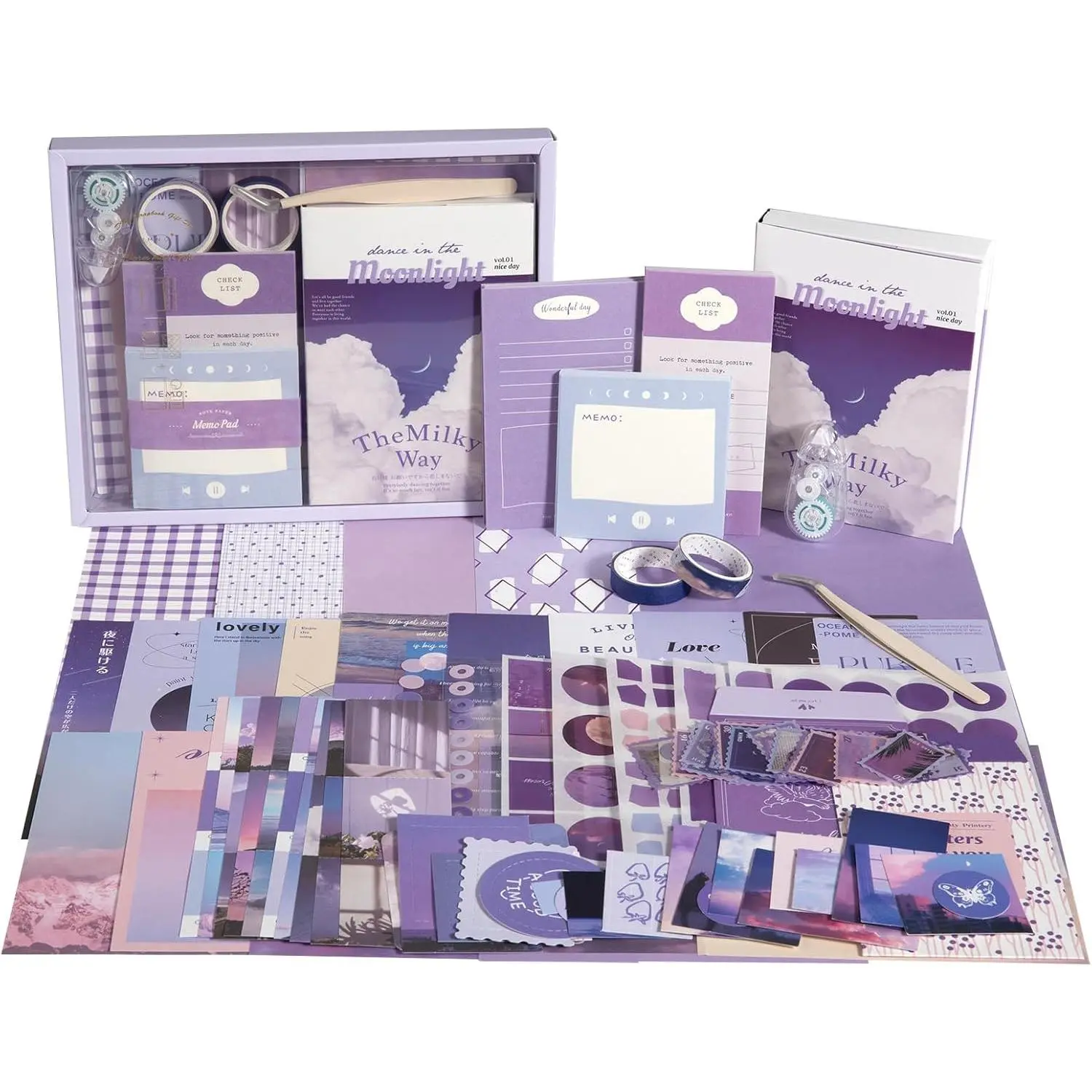 Scrapbook Photo Album Supplies Kit with Tweezers and Glue Tape - Romantic Stationery Aesthetic Junk Journal Kit, Scrapbooking Paper, Sticker Pack, Notebook, DIY Craft,  for Teen Women (Monnlight)