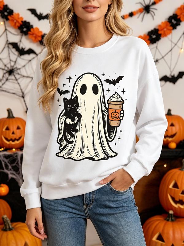 Plus Size Women's Cute Ghost Halloween Sweatshirt Oversized Crewneck Graphic Pullover Black Cat Coffee Fall Top