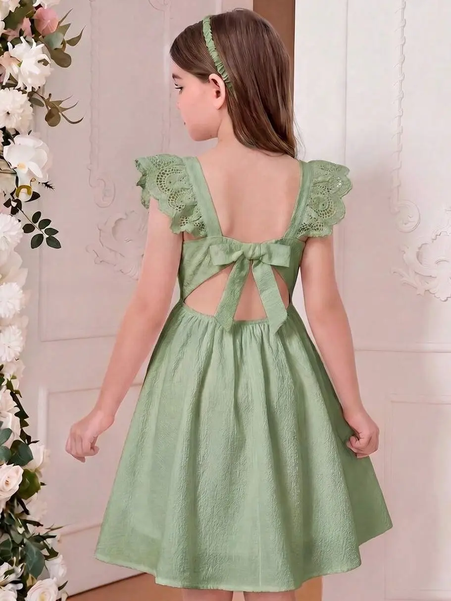 Tween Girl White Lace Ruffle Communion Dress, Coquette Elegant Bubble Hem Wedding Guest Dress for Youth Girls
