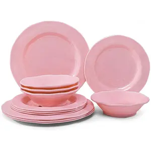 Pink Dishes Melamine Dinnerware Sets, 12  Kitchen Plates and Bowls Dinnerware Sets, Lightweight,  Melamine Dishes for Girls, Valentine's Day, Mother's Day.