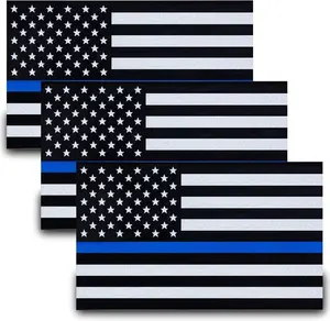 3pcs Reflective US Flag Stickers, Thin Blue Line American Flag Decal Car Laptop Bumer Sticker 5"x3" Vinyl, Support USA Police and Law Enforcement Officers