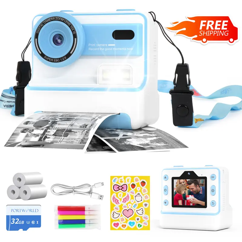 New Kids Instant Print Camera - 1080P HD Portable Camera, 48MP, 10x, 2.4 inches LCD Screen, 1200mAh Li-ion Cell, MicroSD Slot, 483g, Printing Paper, Color Pens, Batteries, Cordless Selfie Function (Blue) - Back to School TikTok Shop Pick