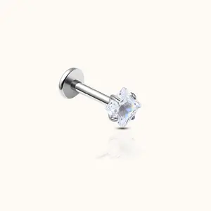 Implant Grade Titanium Diamond Shaped Square CZ Threadless Flat Back Labret Earring