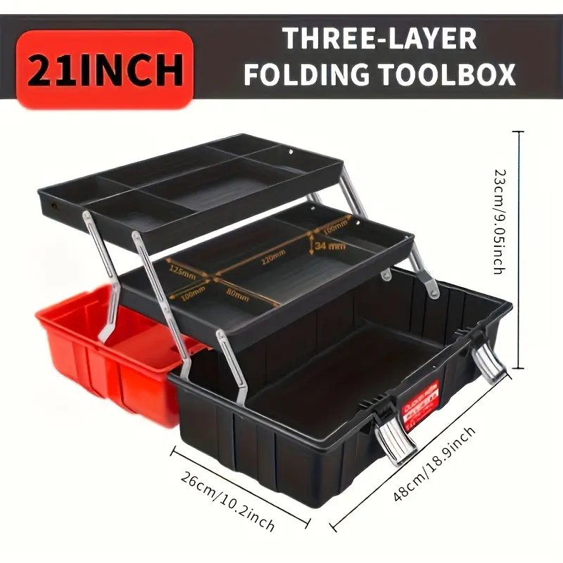 OUDISI Heavy-Duty PP Plastic 3-Layer Folding Toolbox - 17-21.3in Impact-Resistant, Portable Multi-Compartment Organizer for Carpentry, Car Repair, DIY Projects, 17 Inches
