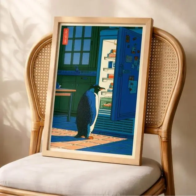 Japanese Penguin Poster, Penguin Fridge Print, Funny Kitchen Wall Art, Hasui Kawase Art, Hiroaki Takahashi Style, Shin-Hanga Poster No Frame