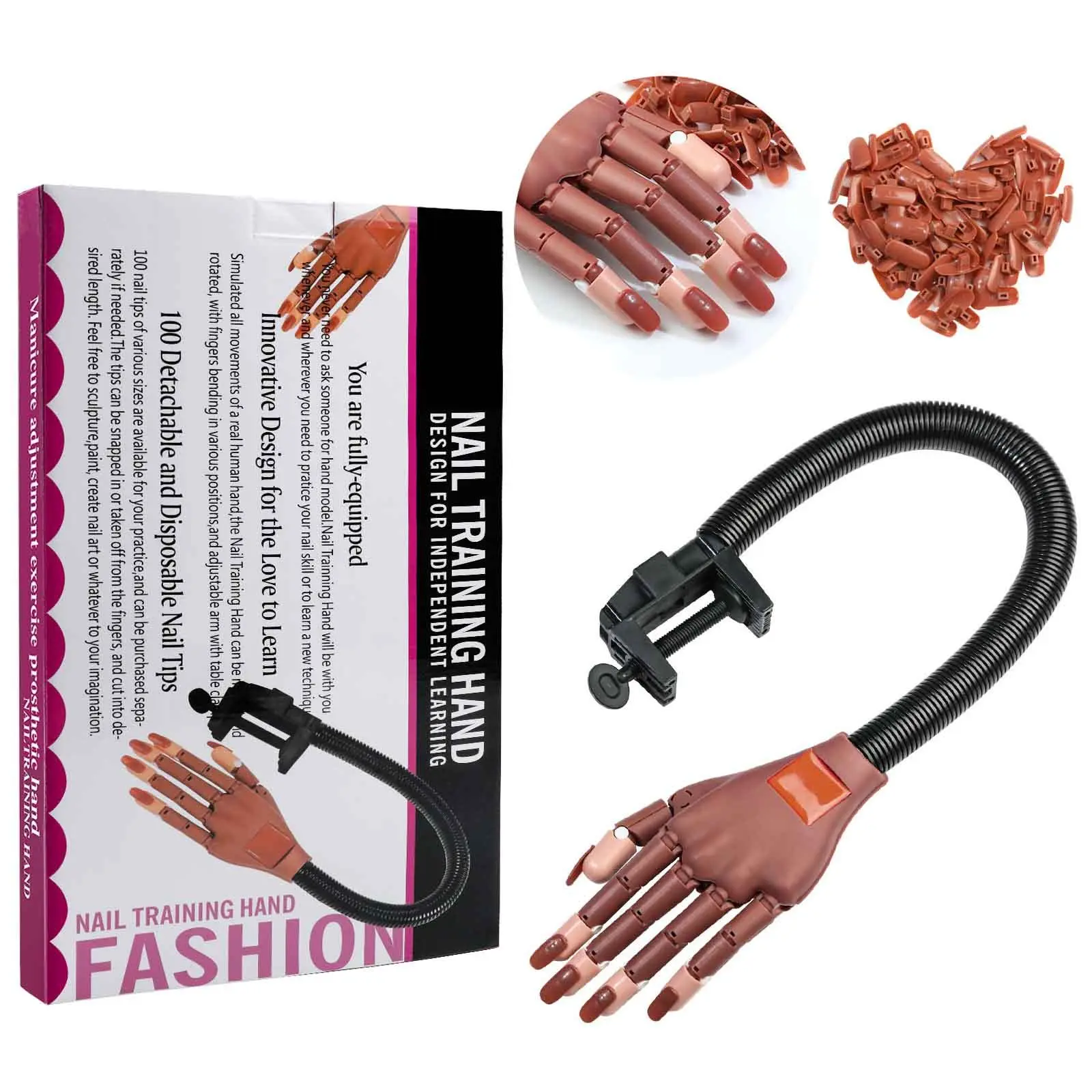 Nail Art Practice Hand Manicure Practice Finger Acrylic Nail Tips with 100pcs Fake Nails Nail Training Equipment Tools