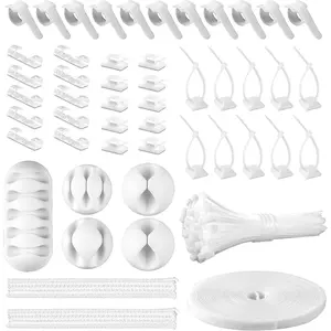 White  Management Organizer Kit, 2 Wire Sleeve Protector, 41 Self Adhesive  Clips Holder, 10 count+2 Roll   Ties and 100  Zip Ties for TV  Cord Tidy Under Desk
