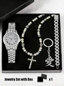4-Piece Luxury Gift Set with Large Size Watch, Necklace and Bracelet, Cross Punk Style Quartz Men's Watch for Holidays, Men Jewelry，Perfect Gift for Man Box