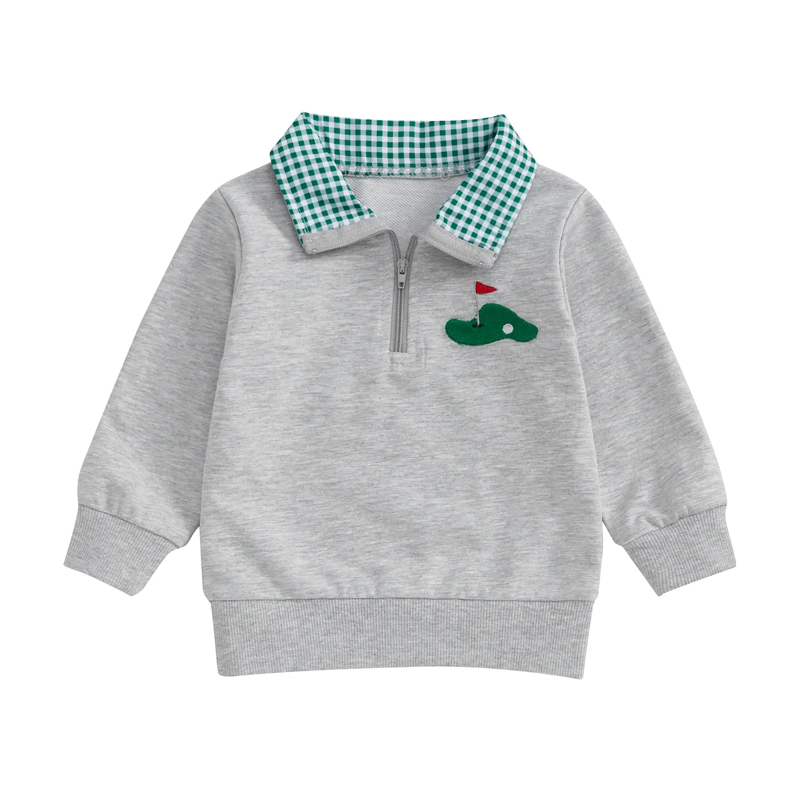 Toddler Baby Boy Golf Outfit Golf Flag Cart Embroidery Quarter Zip Sweatshirt Plaid Lapel Long Sleeve Polo Shirt Tops #Springtok