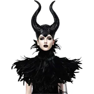 EvilQueenFeatherHornsCostumeforWomenBlackCapeHalloweenHeadpieceShawlAccessories
