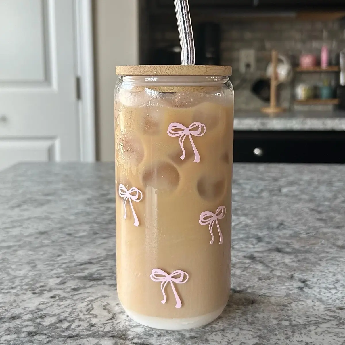 Coquette Bow Glass Cups with Reusable Straw and Lid