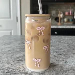 Coquette Bow Glass Cups with Reusable Straw and Lid