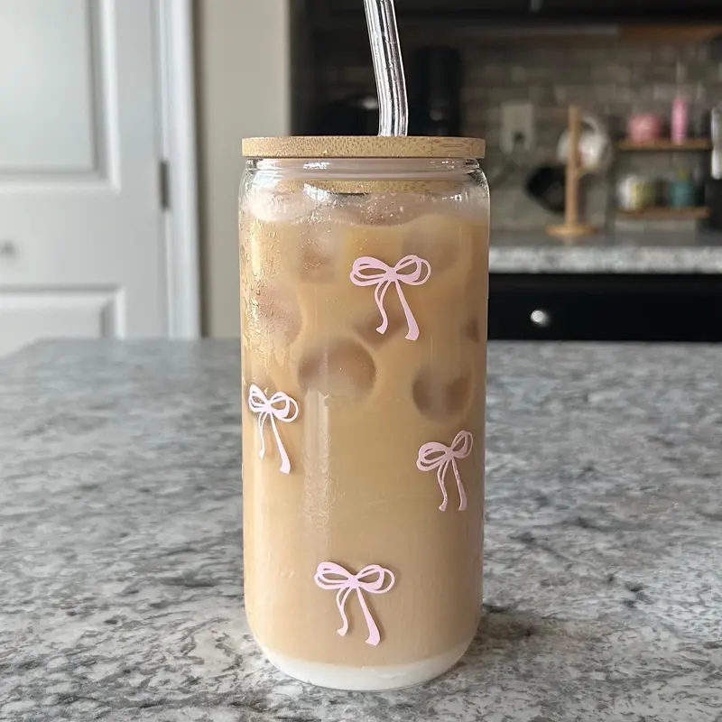 Coquette Bow Glass Cups with Reusable Straw and Lid