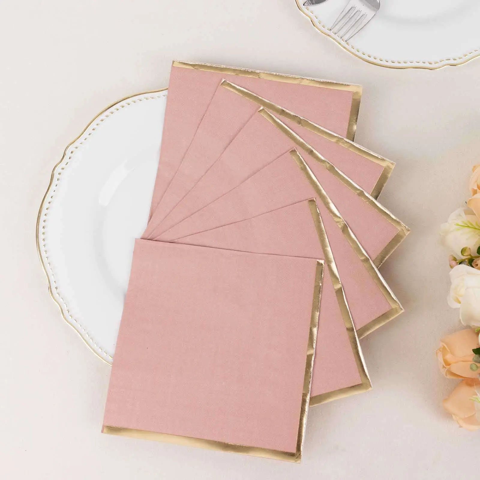 50-Pack Disposable 2-Ply Paper Beverage Napkins, Dusty Rose with Gold Foil Edge, 6.5"x6.5" Absorbent Degradable Party Supplies for Birthday Events, Ideal for Event Planners