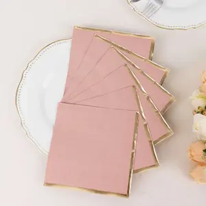 Disposable 2-Ply Paper Beverage Napkins, 50-Pack Dusty Rose with Gold Foil Edge, 6.5"x6.5" Cocktail Napkins for Events