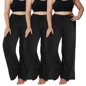 【Plus Size】SHOWITTY 3 Pack Women's Plus Pajama Pants with Pockets, Comfy High Stretch Yoga Pants for Women, Basic Minimalist High Waist breathable leggings