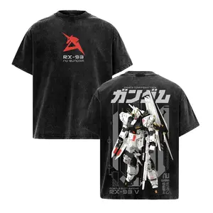 Mens Nu Gundam RX-93 Casual Loose Soft Tops, Char's Counterattack Mobile Suit Gundam Back Print Vintage 90s Anime Menswear T-Shirt