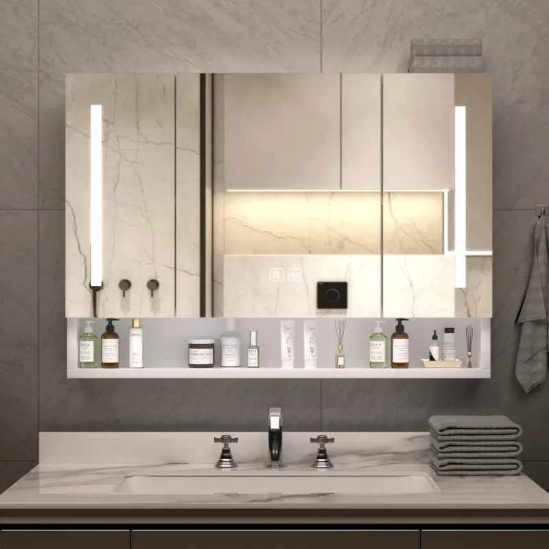 Bathroom Medicine Cabinet with Full Mirror and Lights, 39 x 28 Inch LED Mirror Cabinet with Doors, Hidden Storage Compartments, Open Shelf, Wall Mounted Bathroom Cabinet, Anti-Fog & Dimmable, White
