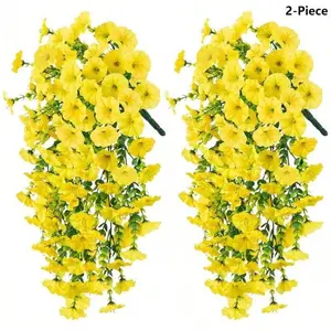 2-Piece UV-Resist PVC Hanging Flowers - Fading-Proof, UV-Resistant Artificial Morning Glory & Eucalyptus in Cascading Form, Vibrant Pink/Purple/Yellow Faux Plants for Outdoor Décor, Home - No Power Needed,summervibes