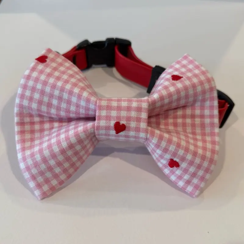 CHECKS w/EMBROIDERED HEARTS-Handmade Puffy BowTie