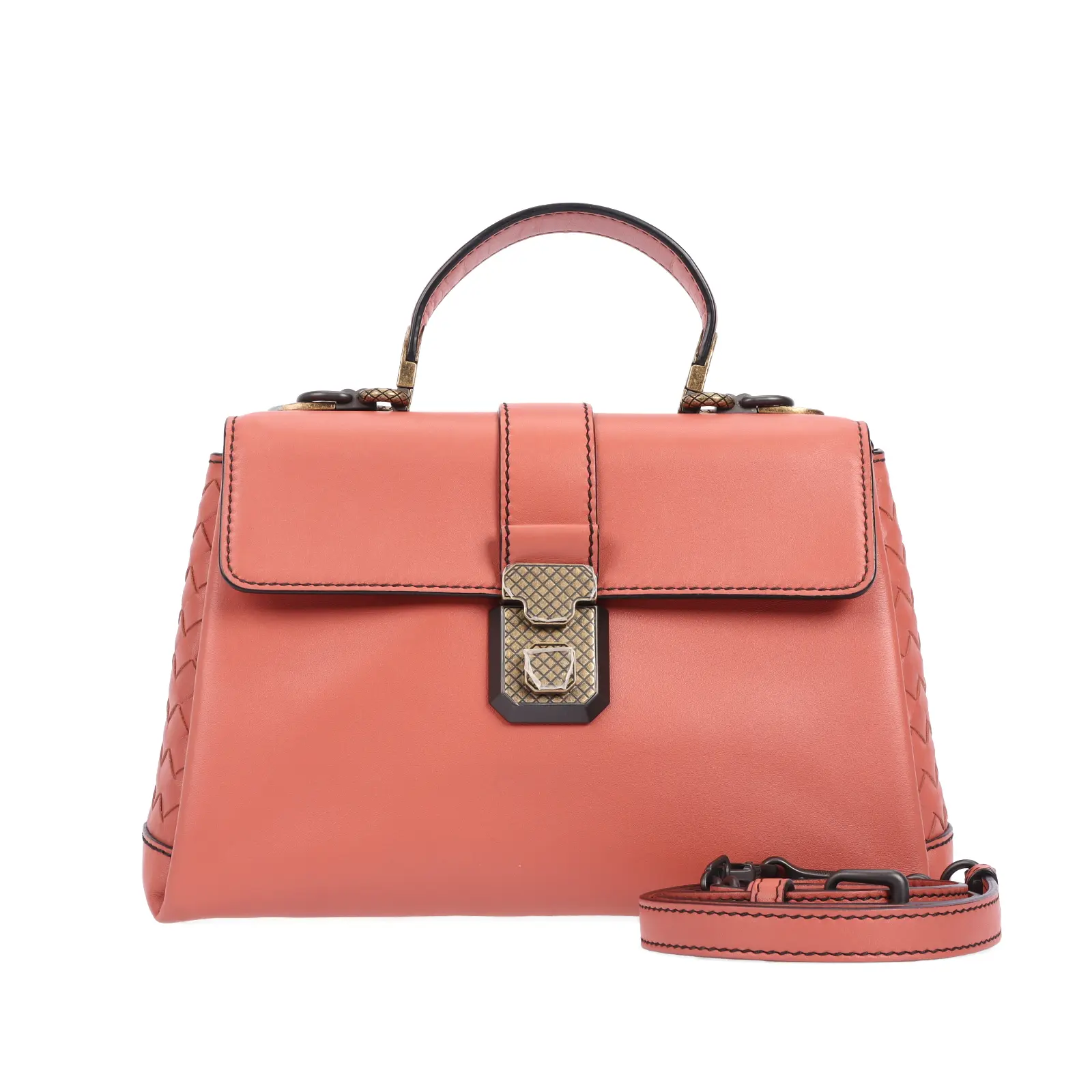 Pre-owned BOTTEGA VENETA Calfskin Shoulder Bags Intrecciato Coral Pink Shoulder Bag, Style 12746248 lkz, 10.5 in, 4 in, Height: 7 Inches