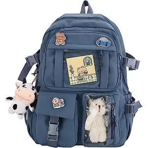 Kawaii Backpack with Cute Pin Accessories and Plush Pendant Cute Aesthetic Backpacks for School Bag Girl Backpack (Blue)