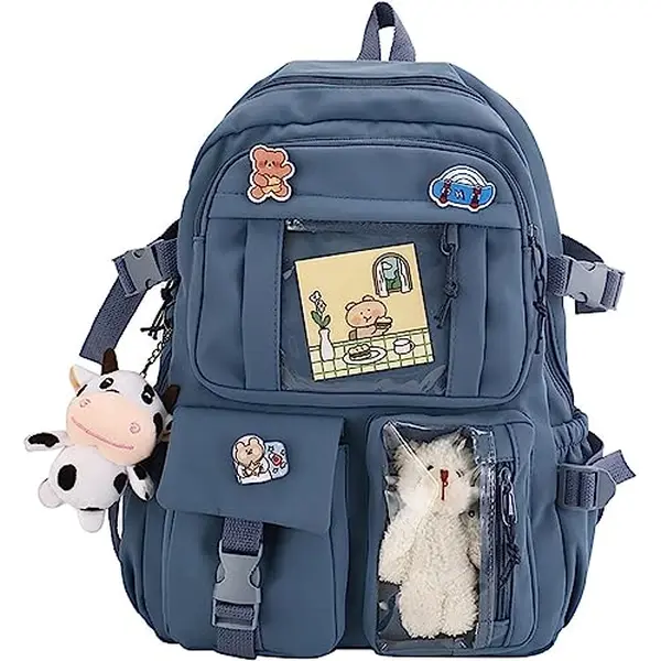 Kawaii Backpack with Cute Pin Accessories and Plush Pendant Cute Aesthetic Backpacks for School Bag Girl Backpack (Blue)
