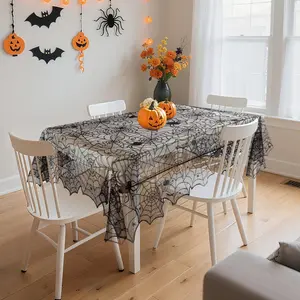 Black Lace Halloween Tablecloth Rectangular Overlay 54 x 72 Inches Spider Web Embroidered Table Cloth Gothic Table Cover Decor for Masquerade Scary Movie Nights Dinner Party Decorations
