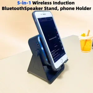 【Fathers Day Gift】5-in-1 Wireless Induction Audio & Bluetooth Speaker with Phone Holder, 5000mAh Rechargeable Emergency Power Bank, 8 RGB Ambient Light, 360° Adjustable Mobile Tablet Stand– Gifts for Friends, Family.(black) Stand