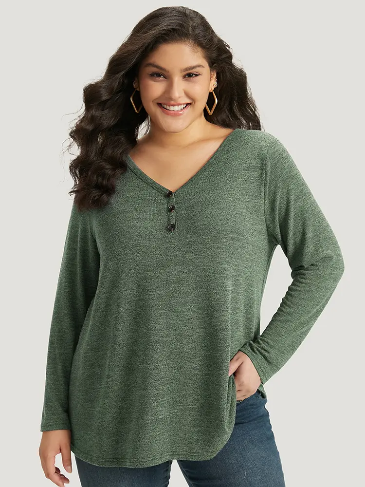 BloomChic Women's Plus Size Heathered Rayon Blend Full Sleeve T-Shirt - Breathable V-Neck, Button Front, Regular Fit, Affordable Fashion Casual Top for Summer, Breathable Vneck, Low Iron