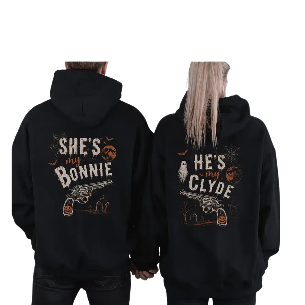 She's My Bonnie He's My Clyde Halloween Season Couple Matching Hoodies Casual Fleece Fabric Pullover Hooded Sweatshirt Tops Trendy for Women for Men