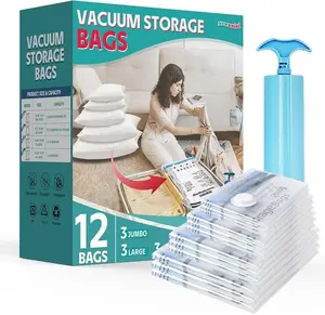 12 Pack Vacuum Storage Bags, Vacuum Seal Bags for Clothing, Comforters, Blankets, Space Saver Vacuum Storage Bags with Hand Pump. (3×Jumbo, 3×Large, 3×Medium, 3×Small) Household Organiser Bedding Compression Turbo