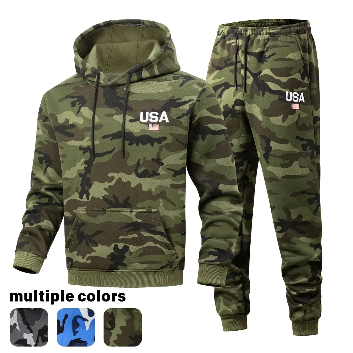 Men's Camouflage Tie-Dye Pullover Hoodie & Pants Set with USA Logo - Stylish Casual Long Sleeve Menswear Activewear Clothes for Spring