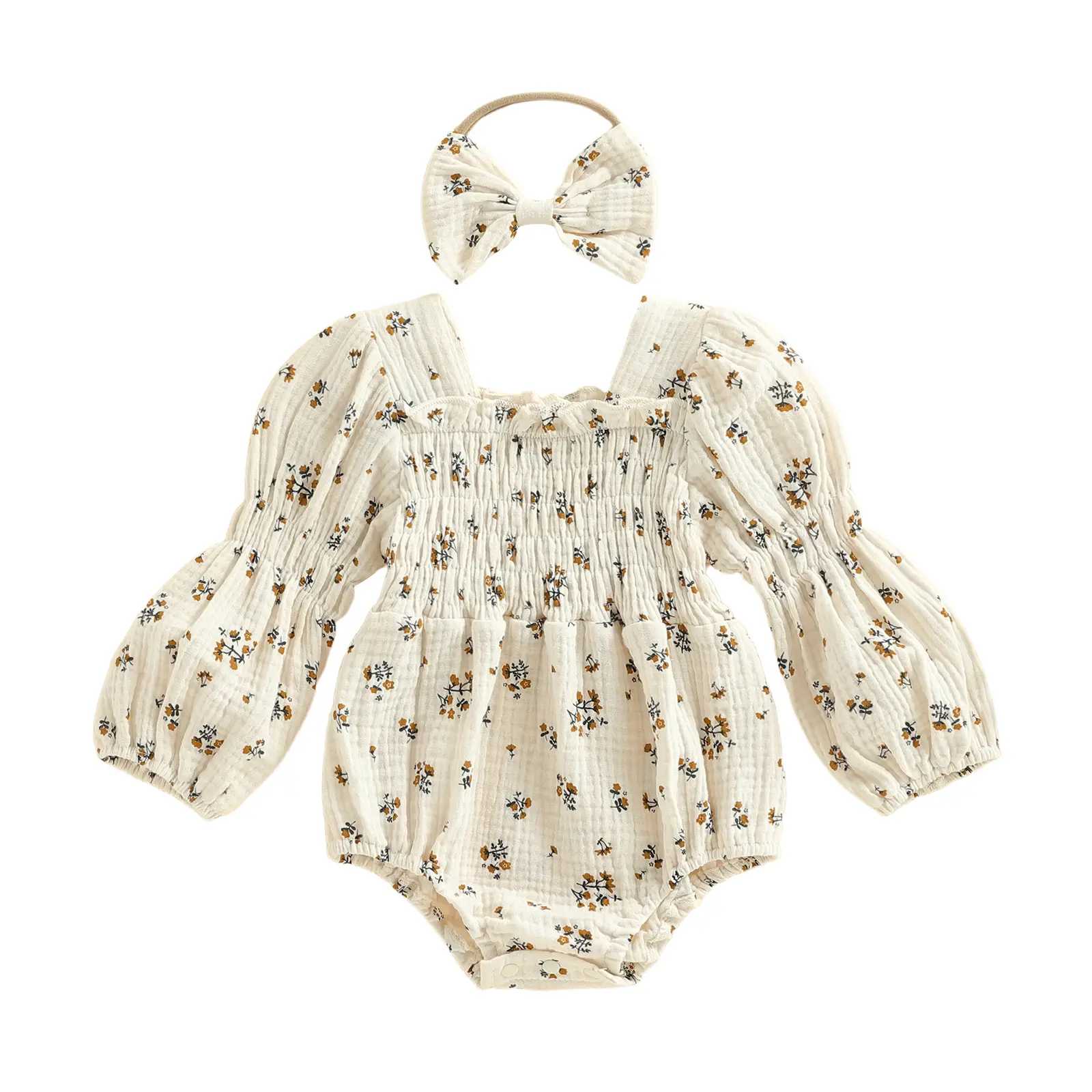 Meihuida Smocked Baby Girl Clothes Newborn Girl Bubble Floral Romper Long Sleeve Jumpsuit And Headband Outfit