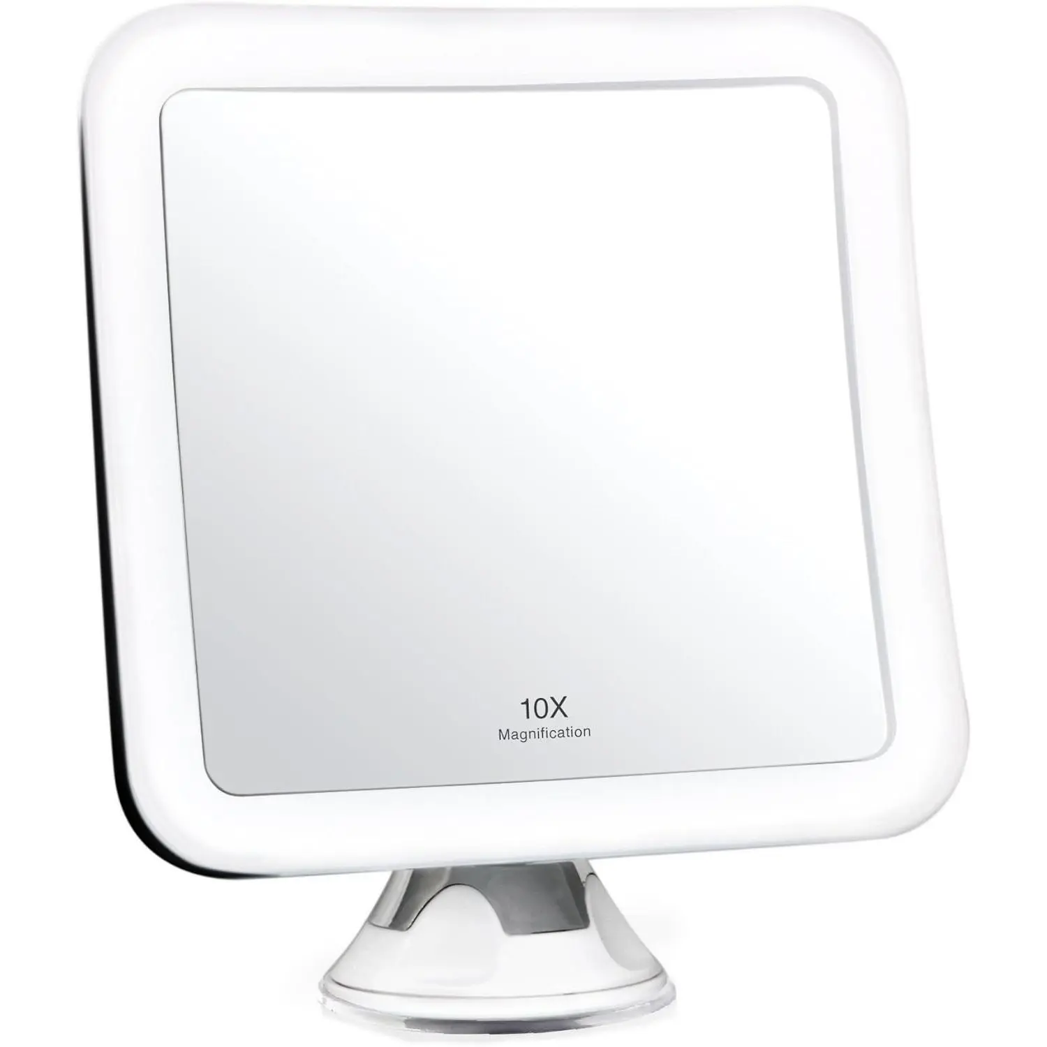 10X Magnifying Lighted Makeup Mirror - Daylight LED Vanity Mirror - Compact, Cordless, Locking Suction, 6.5" Wide, 360 Rotation, Portable Illuminated Bathroom Mirror (Square)