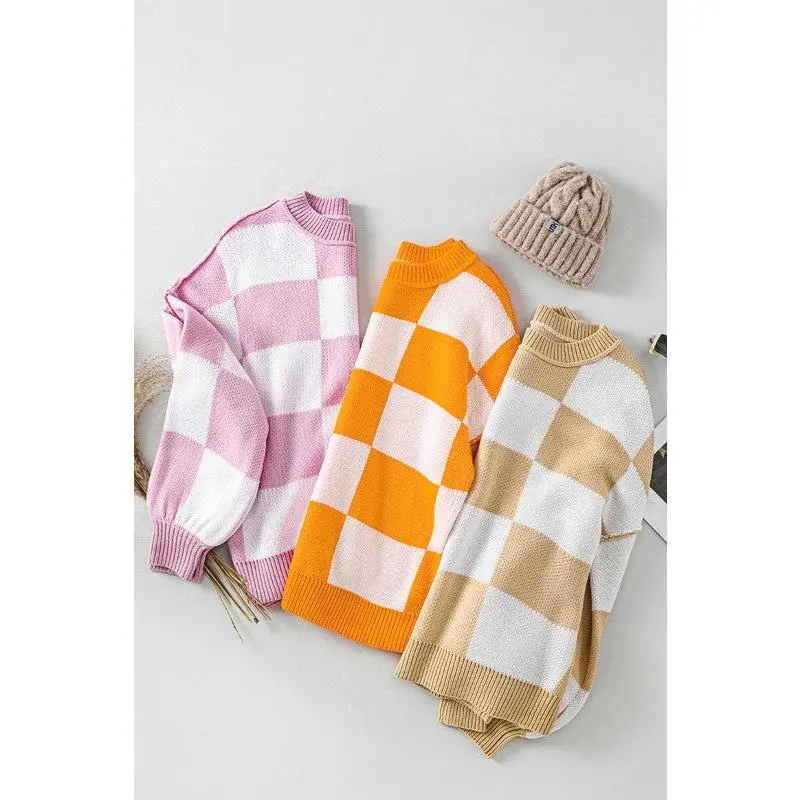 Pink Checkered Bishop Sleeve Sweater