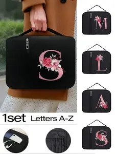 Stylish Black Nylon Bible Bag with Rose & Dark Pink Initials Print - Zippered Cover, Pockets for Books, Tablets, Phones - Durable Handbag for & Wo - Perfect for Church, Study, or Travel