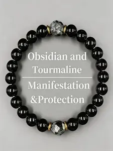 Obsidian & Black TourmalineBracelet - Manifestation & Protection HealingCrystal Beads Jewelry for Men & Women,Christmas Gift, Gifts for Mother's Day,Father's Day, Valentine's, Birthdays,Anniversary, Black Grounding Stone BeadedBracelet summervibes
