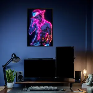 Portgas D Ace One Piece Poster with Neon Red and Blue Glow, Shirtless Anime Hero in Cyber Lighting, High Quality Cardboard Wall Art for Anime Fans and Gaming Rooms