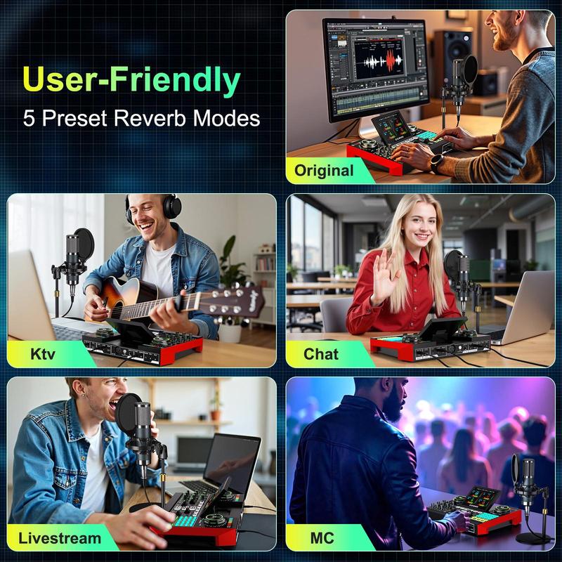 Tenlamp G10-Series Audio Mixer, Live Sound Card with XLR Microphone Connector, Professional Chipset, 48V Phantom Power Supply, One Touch Noise Reduction, One Touch Voice Change for Podcast,Recording,Vocal,Game Voice#TikTokShopBlackFriday