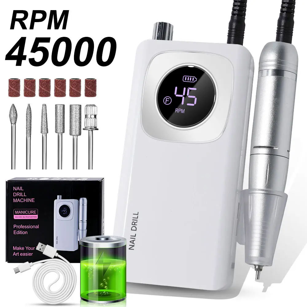 Electric Nail Drill, Nail File 45000RPM, Cordless Drill Machine Professional, Portable Nail Drill kit, Rechargeable with Drill Bits, Nail E File for Acrylic Gel Nail Salon, Nail Care, Manicure