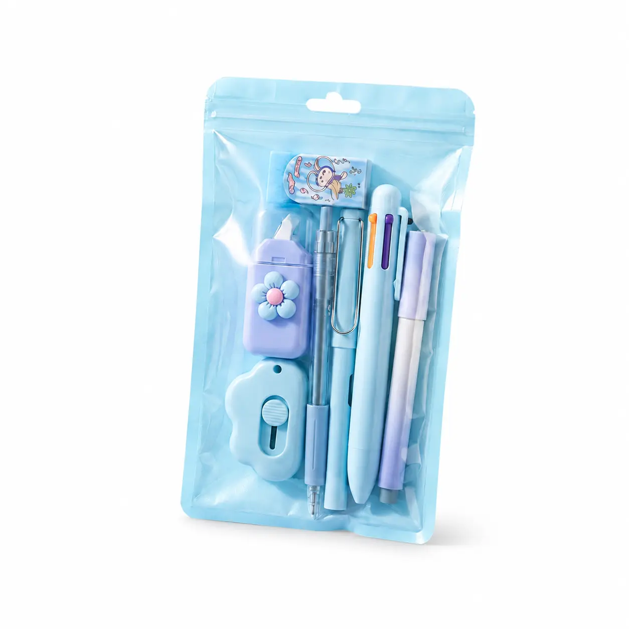 Pastel Blue All-In-1 Kawaii Stationery Kit - Portable Back to School Shopping Essentials, Cute School Supplies for Teenage Girls Gifts (Correction Tape, Mechanical Pencil, Multi-Color Pen, Eraser, Pencil Sharpener, Home & Office Desk Accessories)