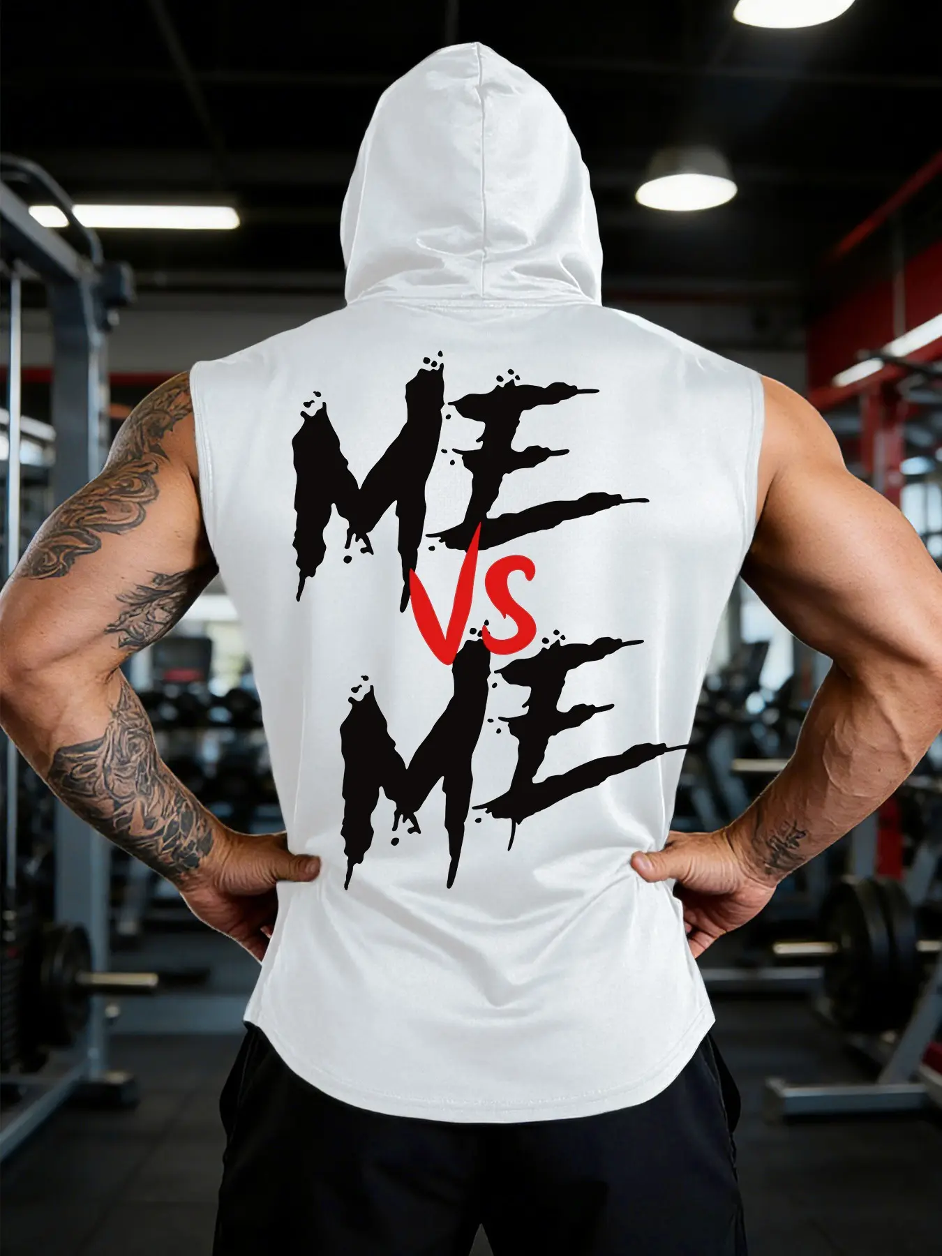 Men's "Me Vs Me" Motivational Print Sleeveless Hoodie, Athletic Workout Clothing, Activewear Clothes, Casual Sports Tops, Gym Workout Streetwear Tank Top, Brushstroke Graphic Fitness Vest, Workout Style Casual Sportswear